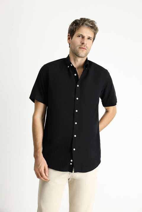Siyah Kısa Kol Regular Fit Spor Pamuk Düğmeli Yaka Gömlek
