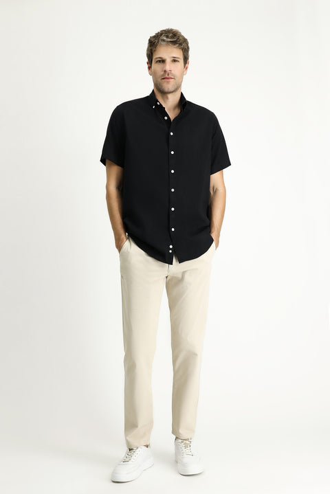 Siyah Kısa Kol Regular Fit Spor Pamuk Düğmeli Yaka Gömlek