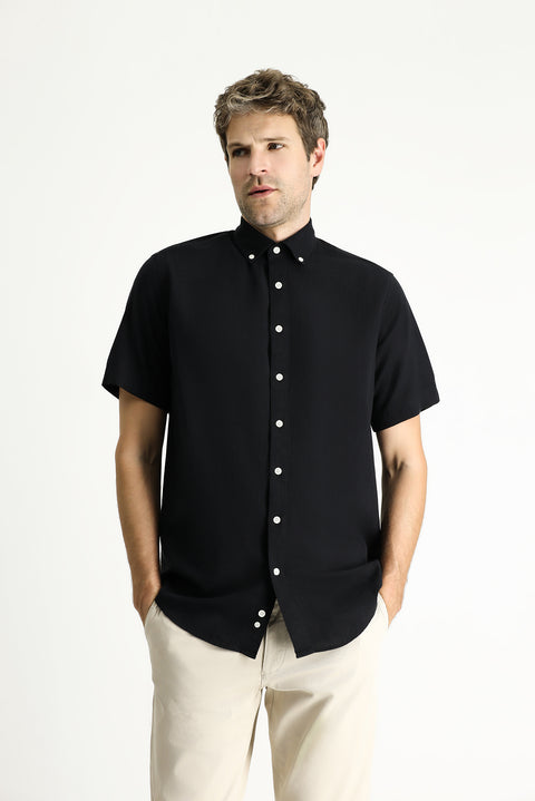 Siyah Kısa Kol Regular Fit Spor Pamuk Düğmeli Yaka Gömlek