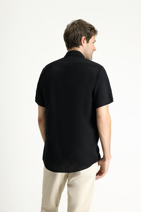 Siyah Kısa Kol Regular Fit Spor Pamuk Düğmeli Yaka Gömlek
