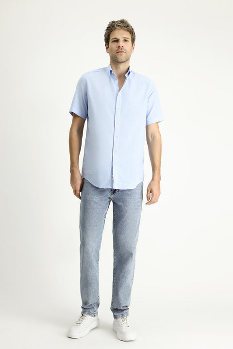 Açık Mavi Kısa Kol Regular Fit Spor Pamuk Düğmeli Yaka Gömlek