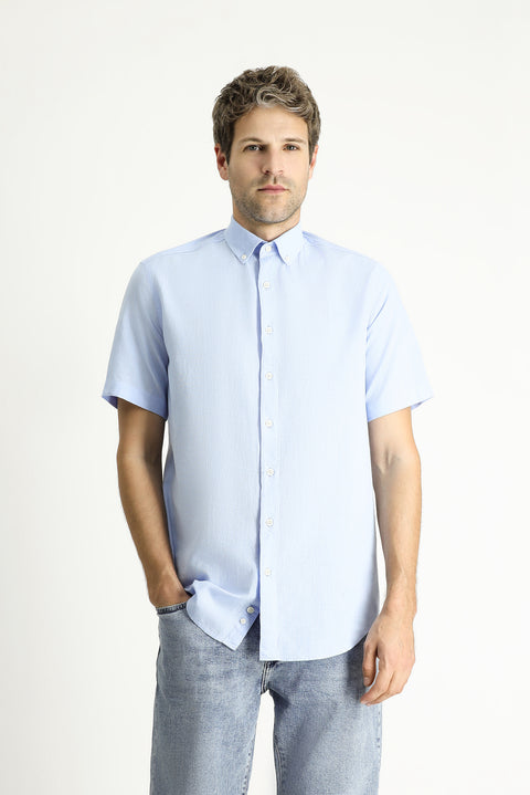 Açık Mavi Kısa Kol Regular Fit Spor Pamuk Düğmeli Yaka Gömlek
