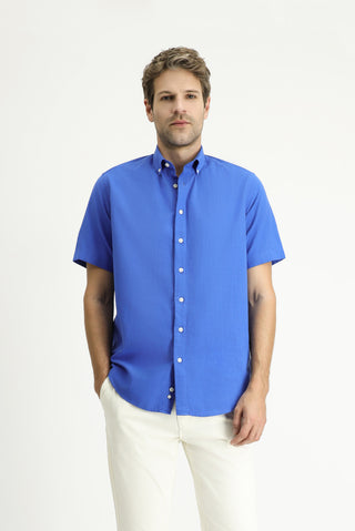  Saks Mavi Kısa Kol Regular Fit Spor Pamuk Düğmeli Yaka Gömlek