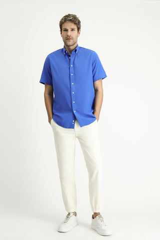  Saks Mavi Kısa Kol Regular Fit Spor Pamuk Düğmeli Yaka Gömlek