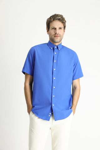  Saks Mavi Kısa Kol Regular Fit Spor Pamuk Düğmeli Yaka Gömlek