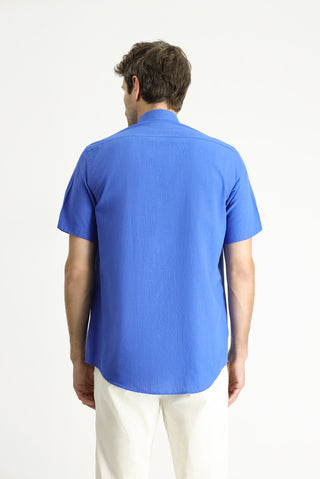  Saks Mavi Kısa Kol Regular Fit Spor Pamuk Düğmeli Yaka Gömlek