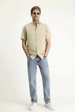  Orta Bej Kısa Kol Regular Fit Spor Pamuk Düğmeli Yaka Gömlek