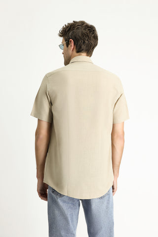  Orta Bej Kısa Kol Regular Fit Spor Pamuk Düğmeli Yaka Gömlek