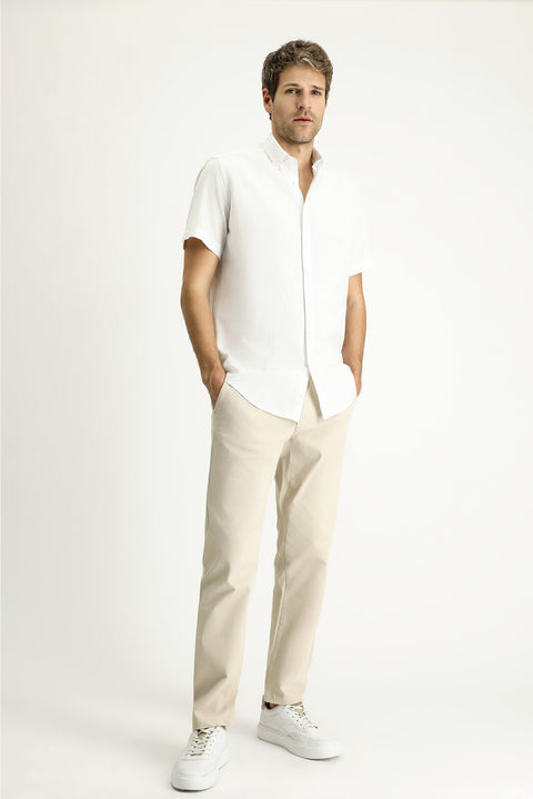 Beyaz Kısa Kol Regular Fit Spor Pamuk Düğmeli Yaka Gömlek