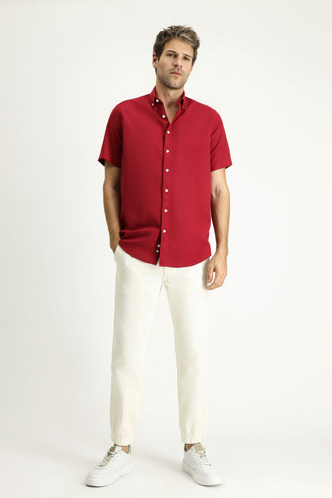 Koyu Kırmızı Kısa Kol Regular Fit Spor Pamuk Düğmeli Yaka Gömlek