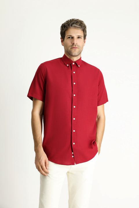 Koyu Kırmızı Kısa Kol Regular Fit Spor Pamuk Düğmeli Yaka Gömlek