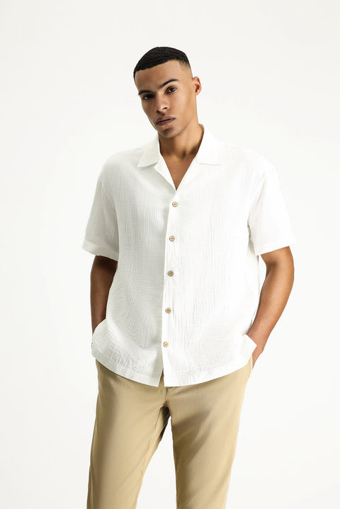 White Short-Sleeve Oversize Cotton Shirt