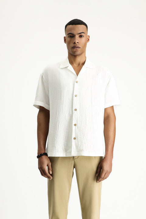 White Short-Sleeve Oversize Cotton Shirt