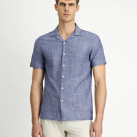 Orta Lacivert Kısa Kol Regular Fit Desenli Spor Pamuk Gömlek