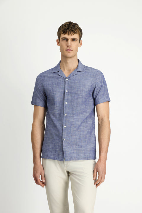 Orta Lacivert Kısa Kol Regular Fit Desenli Spor Pamuk Gömlek