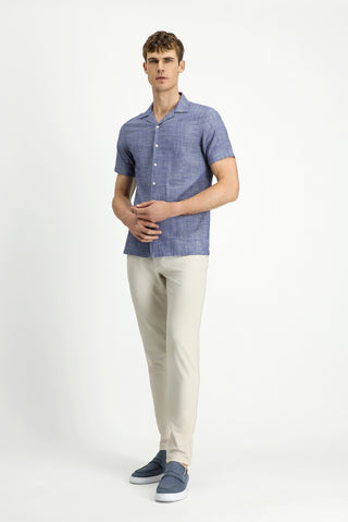  Orta Lacivert Kısa Kol Regular Fit Desenli Spor Pamuk Gömlek