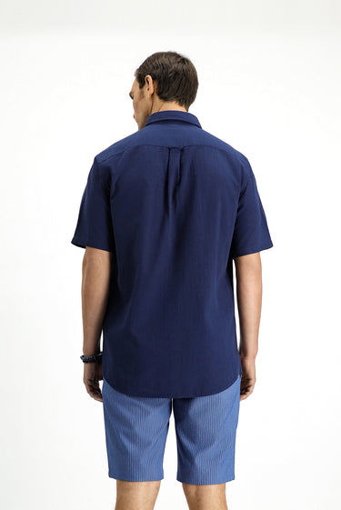 Koyu Lacivert Kısa Kol Regular Fit Düğmeli Yaka Pamuk Gömlek