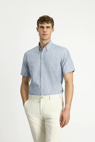  Koyu Mavi  Kısa Kol Regular Fit Desenli Spor Düğmeli Yaka Pamuk Gömlek