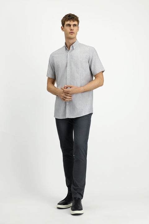 Açık Vizon Kısa Kol Regular Fit Desenli Spor Düğmeli Yaka Pamuk Gömlek