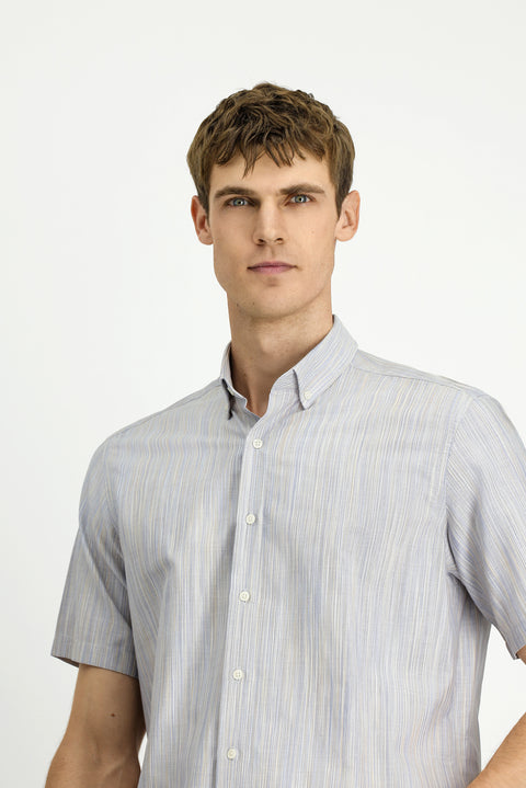 Açık Vizon Kısa Kol Regular Fit Desenli Spor Düğmeli Yaka Pamuk Gömlek