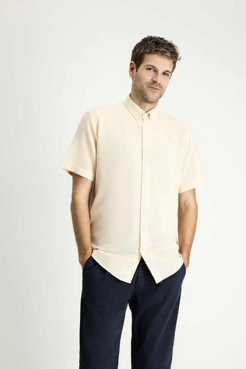 Sarı Kısa Kol Regular Fit Desenli Spor Pamuklu Gömlek