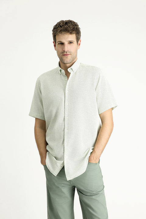 Çağla Yeşili Kısa Kol Regular Fit Desenli Spor Pamuklu Gömlek