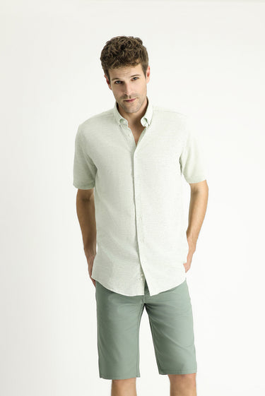 Çağla Yeşili Kısa Kol Regular Fit Desenli Spor Pamuklu Gömlek