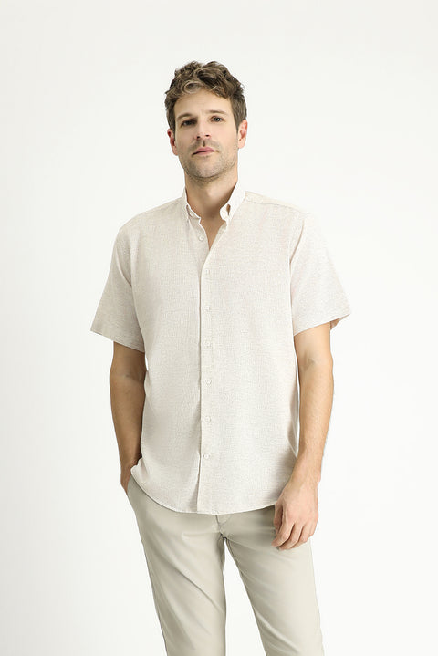 Açık Vizon Kısa Kol Regular Fit Desenli Spor Pamuklu Gömlek