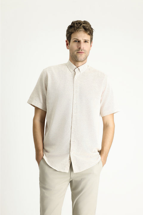 Açık Vizon Kısa Kol Regular Fit Desenli Spor Pamuklu Gömlek