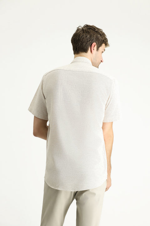 Açık Vizon Kısa Kol Regular Fit Desenli Spor Pamuklu Gömlek