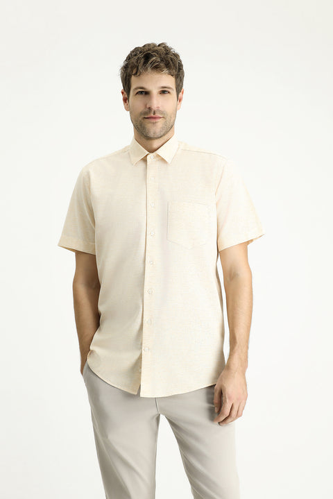 Sarı Kısa Kol Regular Fit Desenli Spor Pamuklu Gömlek