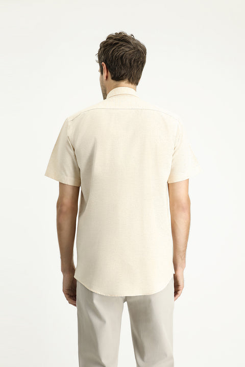 Sarı Kısa Kol Regular Fit Desenli Spor Pamuklu Gömlek