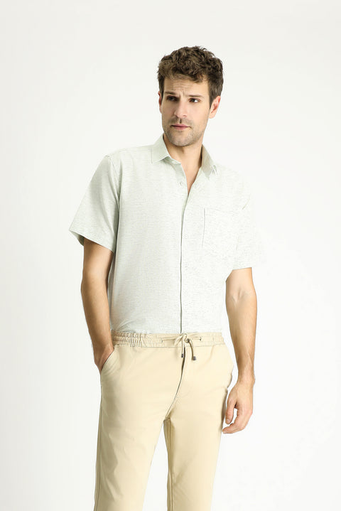 Çağla Yeşili Kısa Kol Regular Fit Desenli Spor Pamuklu Gömlek