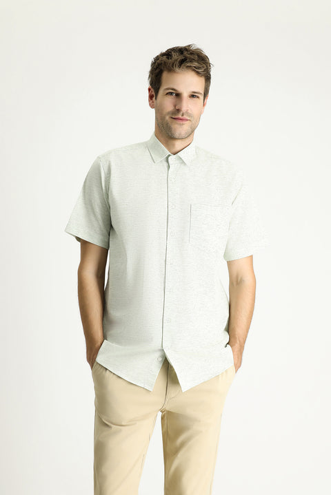 Çağla Yeşili Kısa Kol Regular Fit Desenli Spor Pamuklu Gömlek