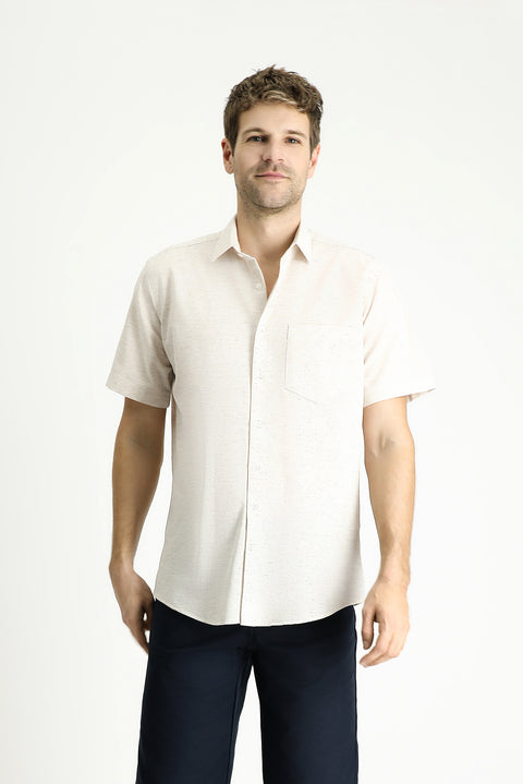 Açık Vizon Kısa Kol Regular Fit Desenli Spor Pamuklu Gömlek
