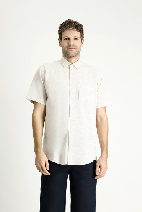 Açık Vizon Kısa Kol Regular Fit Desenli Spor Pamuklu Gömlek