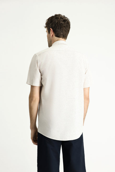 Açık Vizon Kısa Kol Regular Fit Desenli Spor Pamuklu Gömlek