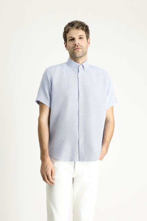 Koyu Mavi  Kısa Kol Regular Fit Desenli Spor Pamuklu Kolay Ütülenebilir Gömlek