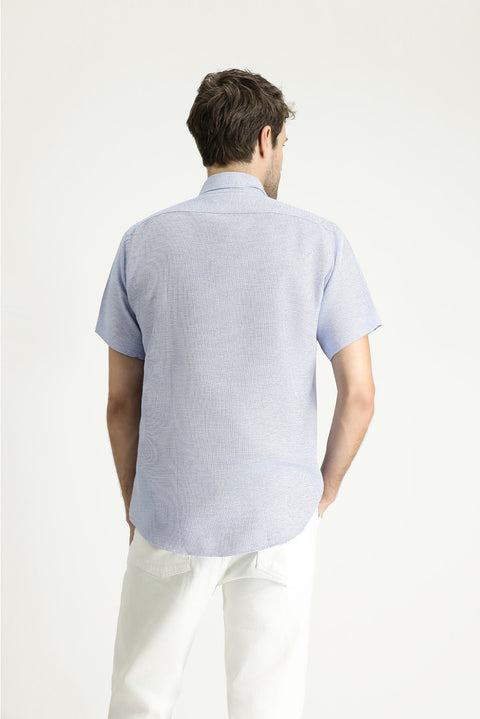 Koyu Mavi  Kısa Kol Regular Fit Desenli Spor Pamuklu Kolay Ütülenebilir Gömlek