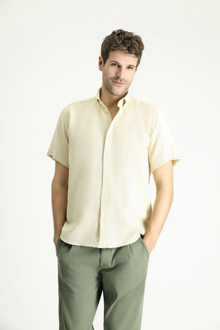  Açık Sarı Kısa Kol Regular Fit Desenli Spor Pamuklu Kolay Ütülenebilir Gömlek