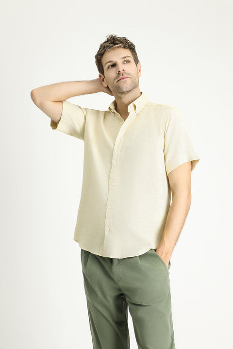 Açık Sarı Kısa Kol Regular Fit Desenli Spor Pamuklu Kolay Ütülenebilir Gömlek