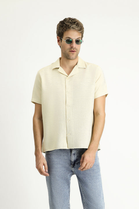 Açık Sarı Kısa Kol Regular Fit Desenli Spor Pamuklu Kolay Ütülenebilir Gömlek
