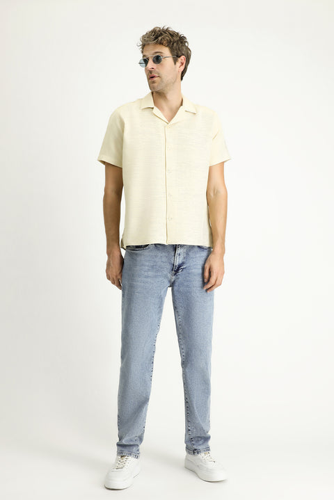 Açık Sarı Kısa Kol Regular Fit Desenli Spor Pamuklu Kolay Ütülenebilir Gömlek