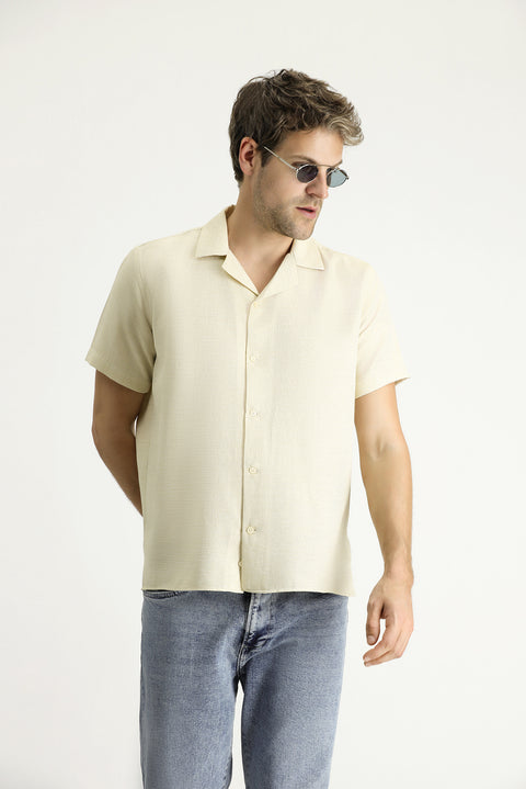 Açık Sarı Kısa Kol Regular Fit Desenli Spor Pamuklu Kolay Ütülenebilir Gömlek