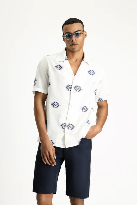 White and Navy Short-Sleeve Oversize Cotton Patterned Shirt