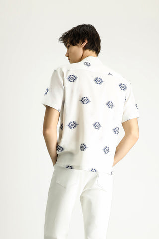  Beyaz-Lacivert K?sa Kol Oversize Pamuklu Desenli Gömlek-Ki??l?