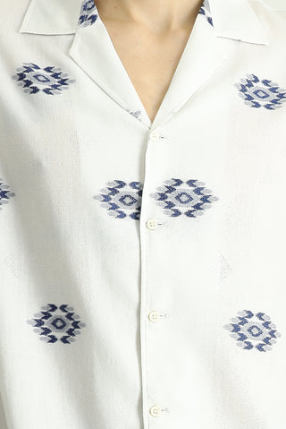  Beyaz-Lacivert K?sa Kol Oversize Pamuklu Desenli Gömlek-Ki??l?