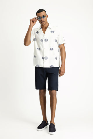  Beyaz-Lacivert K?sa Kol Oversize Pamuklu Desenli Gömlek-Ki??l?
