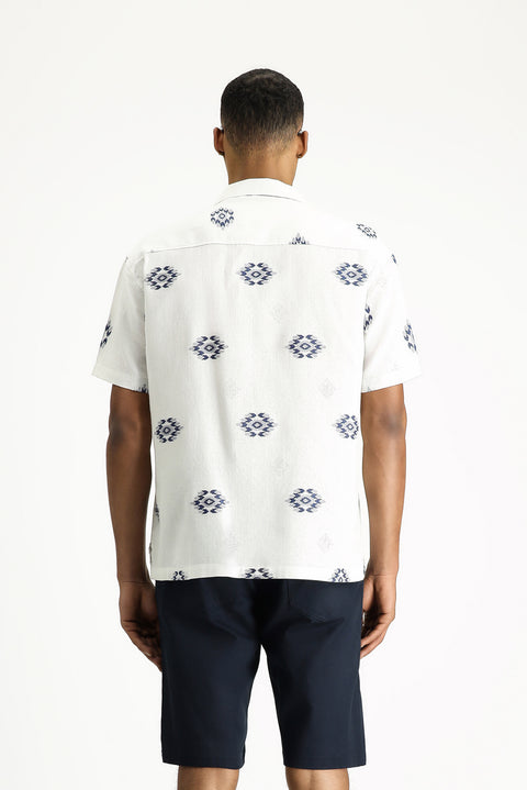 White and Navy Short-Sleeve Oversize Cotton Patterned Shirt