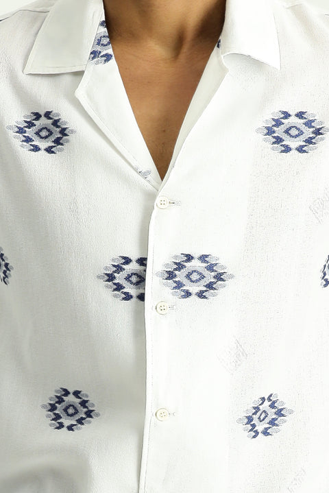 White and Navy Short-Sleeve Oversize Cotton Patterned Shirt